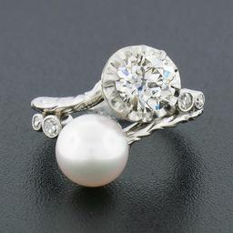 Antique Platinum 1.50 ctw GIA European Diamond Cultured Pearl Textured Bypass Ri