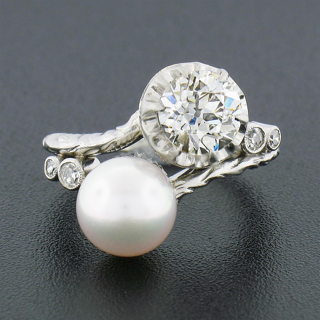 Antique Platinum 1.50 ctw GIA European Diamond Cultured Pearl Textured Bypass Ri