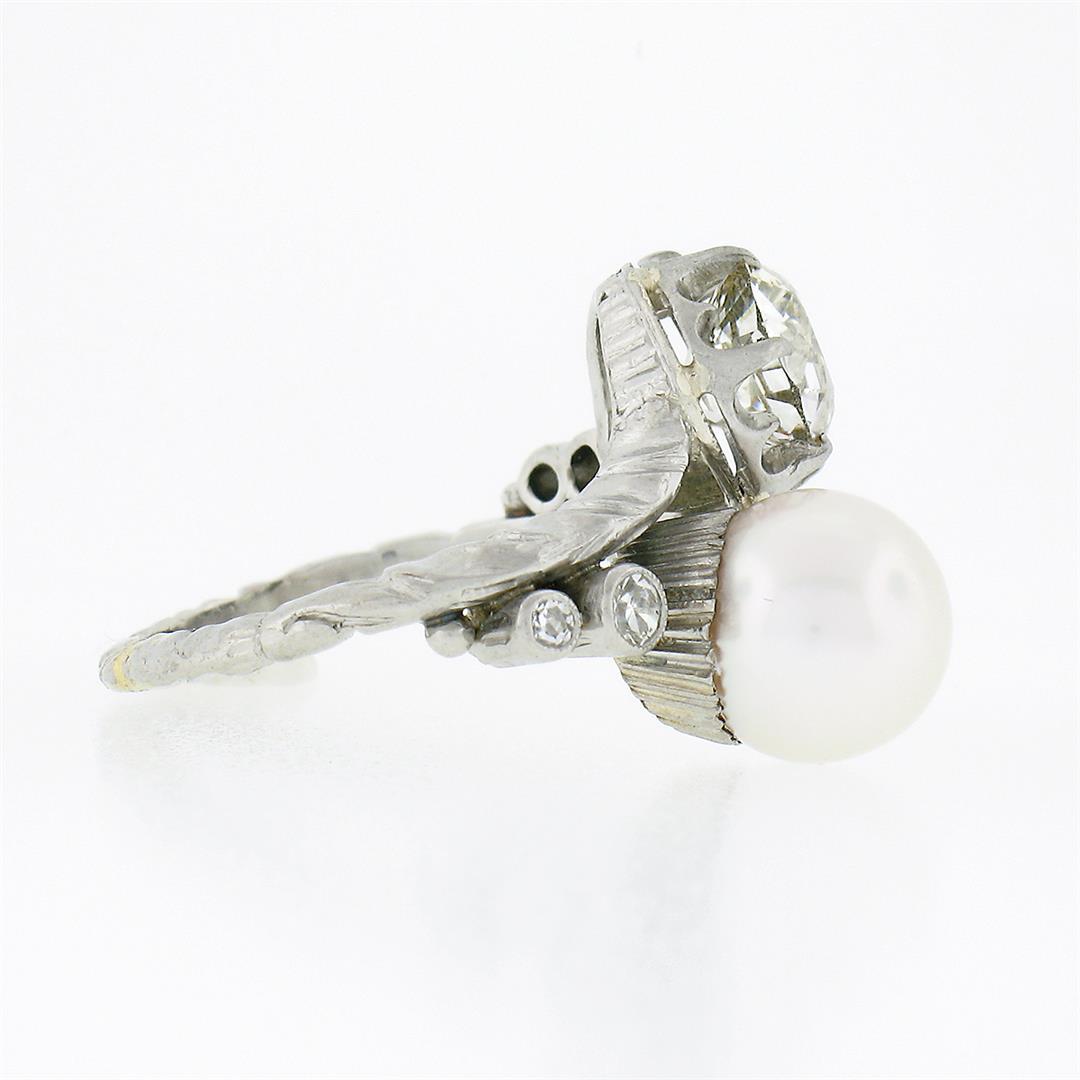 Antique Platinum 1.50 ctw GIA European Diamond Cultured Pearl Textured Bypass Ri
