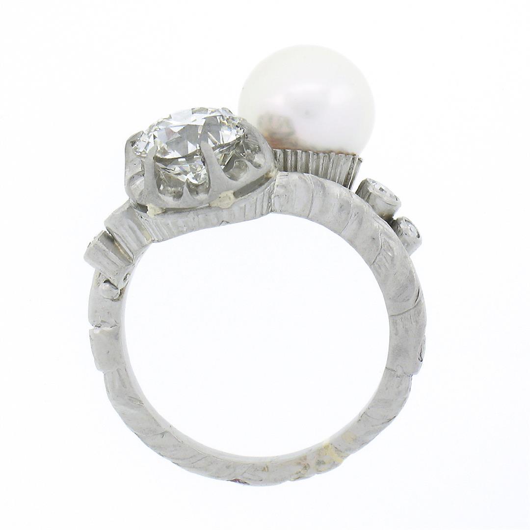 Antique Platinum 1.50 ctw GIA European Diamond Cultured Pearl Textured Bypass Ri