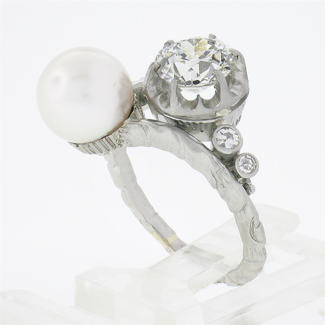 Antique Platinum 1.50 ctw GIA European Diamond Cultured Pearl Textured Bypass Ri