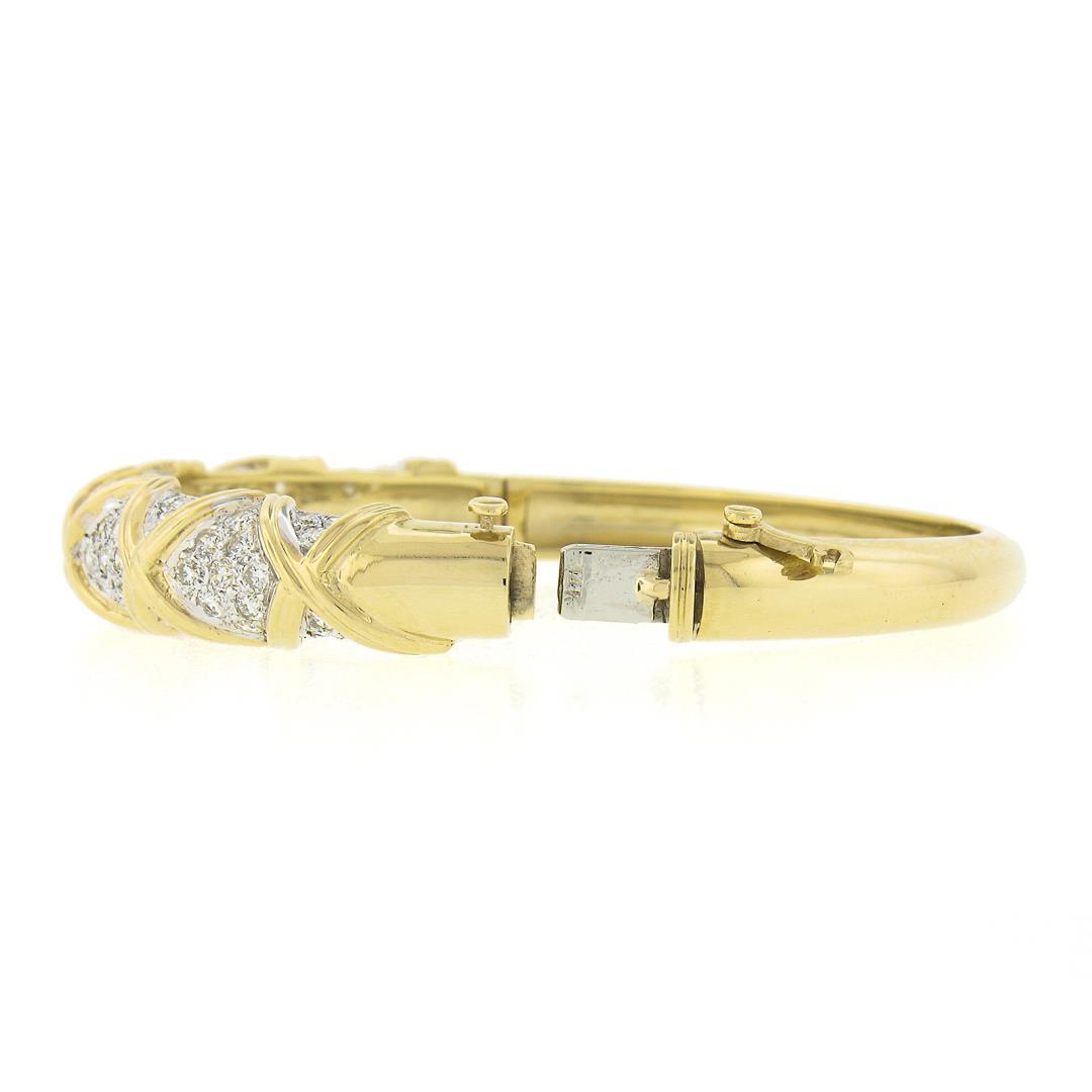 Estate 14k Yellow Gold 2.65 ctw Round Pave Diamond Figure X Hinged Bangle Bracel