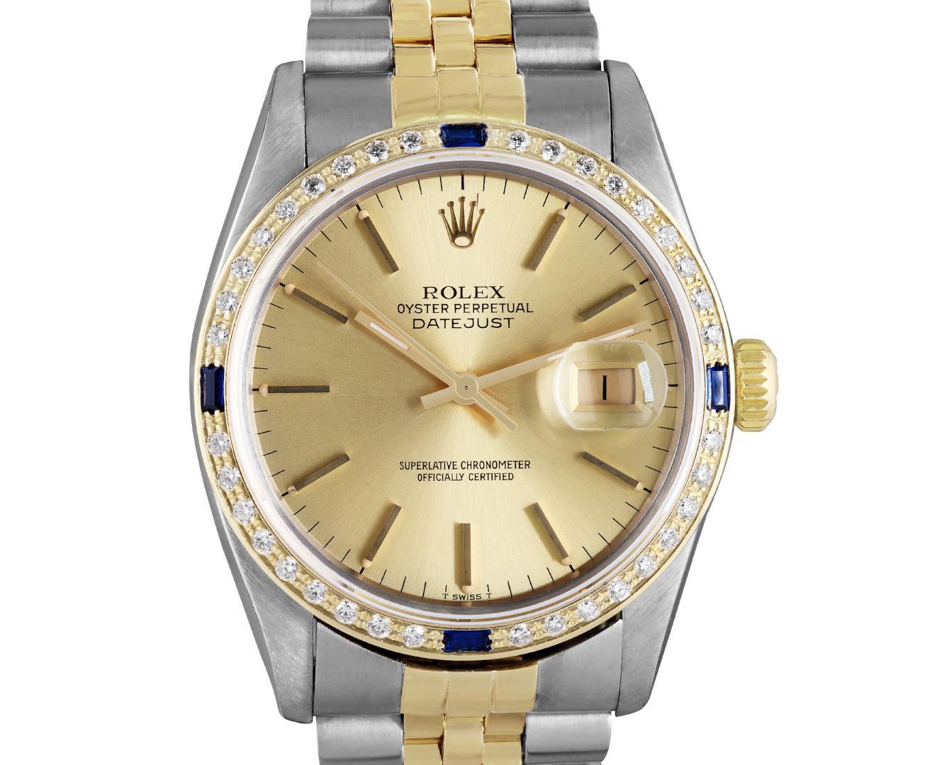 Rolex Mens 2 Tone Champagne Index Diamond And Sapphire Bezel Datejust Wristwatch