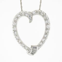 Vintage 14K Gold 1.26 ctw Round Baguette Diamond Large Open Heart Pendant & Chai
