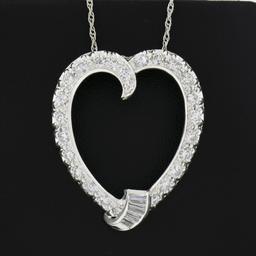 Vintage 14K Gold 1.26 ctw Round Baguette Diamond Large Open Heart Pendant & Chai