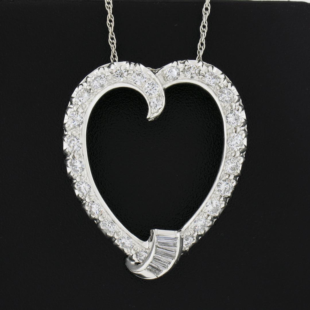 Vintage 14K Gold 1.26 ctw Round Baguette Diamond Large Open Heart Pendant & Chai