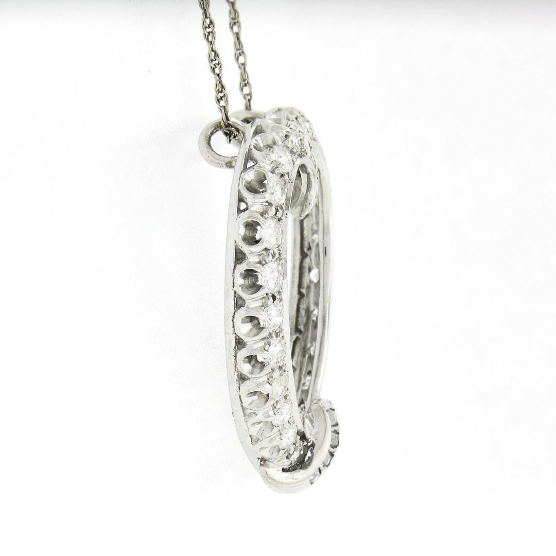 Vintage 14K Gold 1.26 ctw Round Baguette Diamond Large Open Heart Pendant & Chai