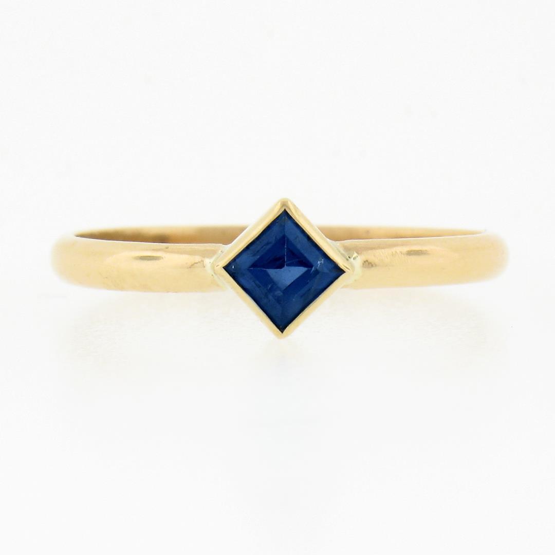 Simple Petite 14k Gold 0.32 ctw Square Step Cut Bezel Set Sapphire Solitaire Rin