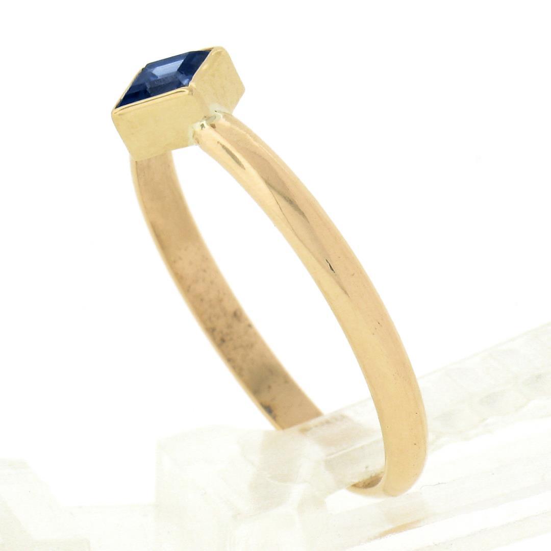 Simple Petite 14k Gold 0.32 ctw Square Step Cut Bezel Set Sapphire Solitaire Rin