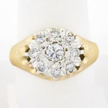 Men's Vintage 14K Two Tone Gold 0.80 ctw Round Diamond Brushed Finish Cluster Ri