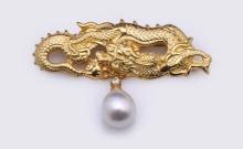 18K Yellow Gold Pearl & Diamond Brooch Cast from Japanese Menuki by R.L. Kay