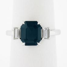 Platinum GIA Octagonal Greenish Blue NO HEAT Sapphire & Diamond 3 Stone Ring