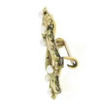 Antique Art Nouveau 14K Gold Matte Enamel Seed Pearl & Leaf Wreath Brooch Pin