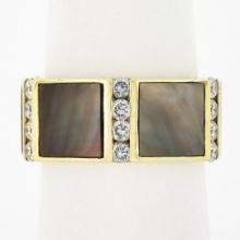 Vintage Gemlok 18K Gold Diamond Inlaid Black Mother of Pearl Eternity Band Ring
