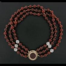 Trianon 3 Strand Carnelian & Rock Crystal Bead Necklace & Cameo 14k Gold Pendant