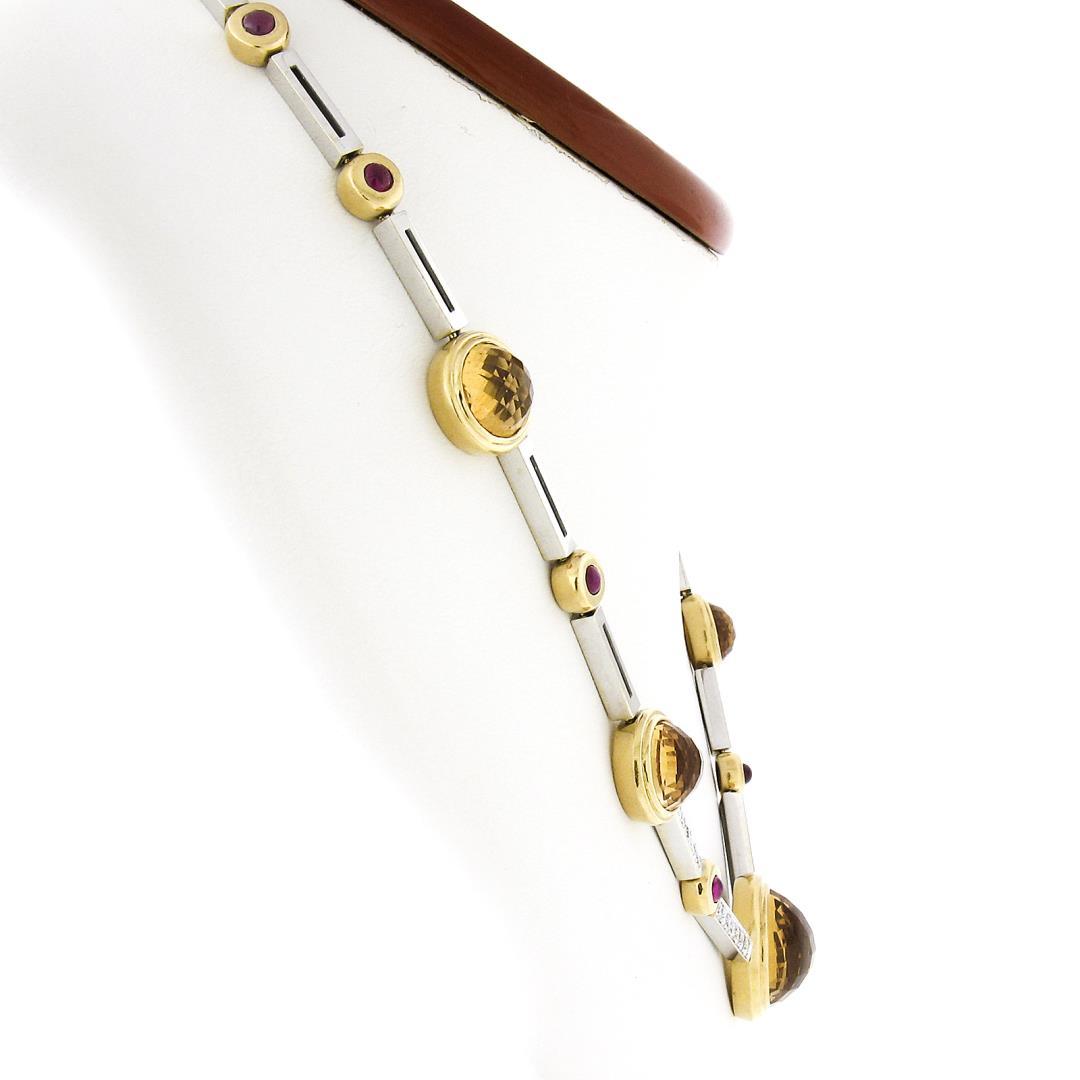 Antonini 18K TT Gold Round Bezel Citrine Diamond Ruby 16.5" Fancy Link Necklace