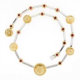 Antonini 18K TT Gold Round Bezel Citrine Diamond Ruby 16.5" Fancy Link Necklace
