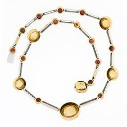 Antonini 18K TT Gold Round Bezel Citrine Diamond Ruby 16.5" Fancy Link Necklace