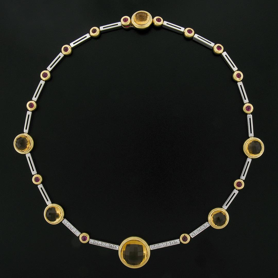 Antonini 18K TT Gold Round Bezel Citrine Diamond Ruby 16.5" Fancy Link Necklace