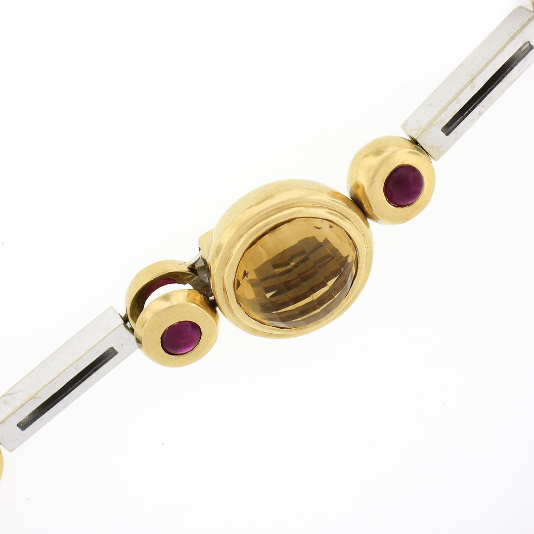 Antonini 18K TT Gold Round Bezel Citrine Diamond Ruby 16.5" Fancy Link Necklace