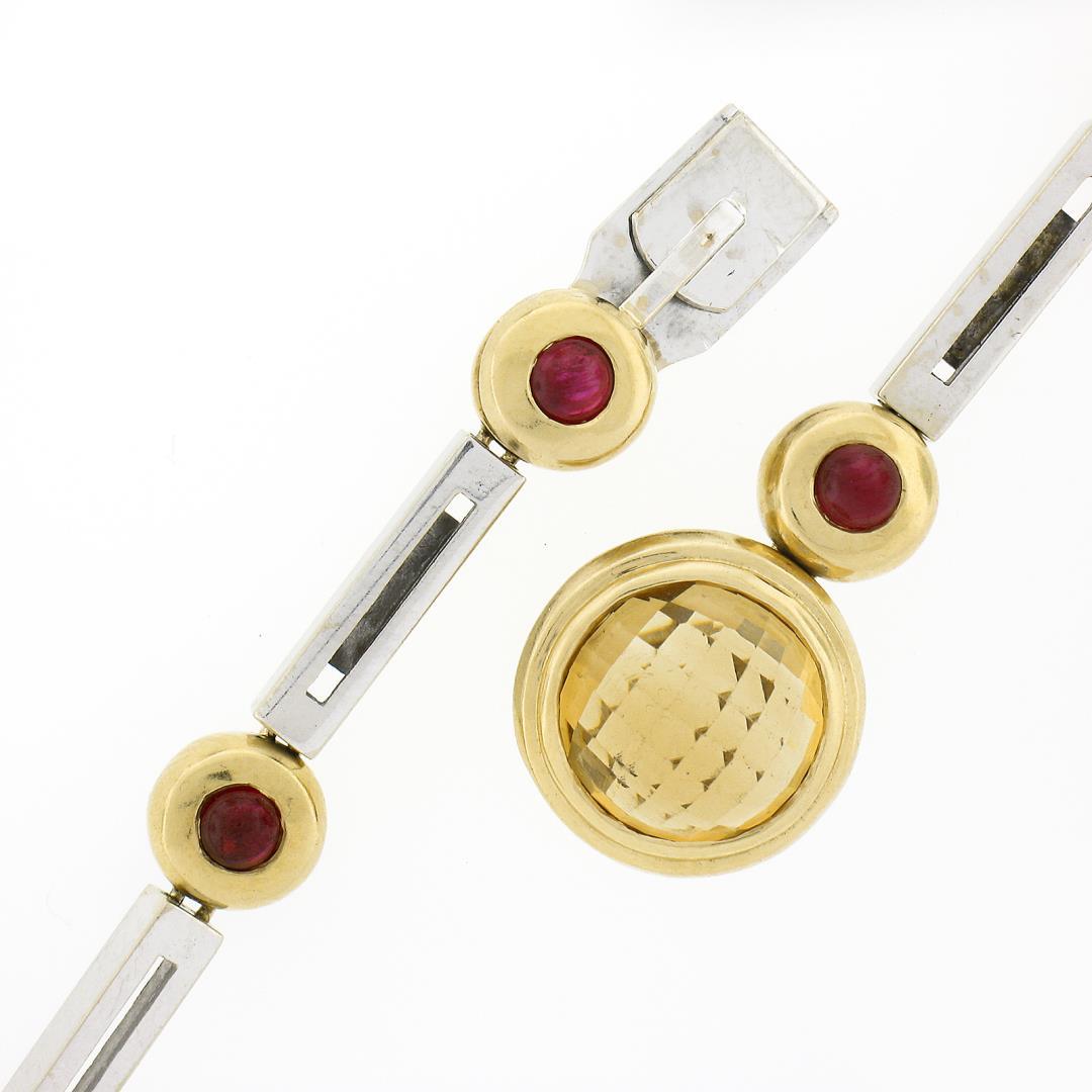 Antonini 18K TT Gold Round Bezel Citrine Diamond Ruby 16.5" Fancy Link Necklace