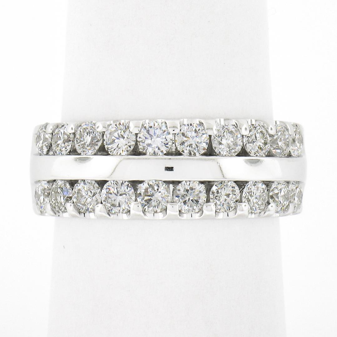 14k White Gold 1.20 ctw Dual Row Round Diamond w/ Polished Center Wide Band Ring