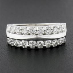 14k White Gold 1.20 ctw Dual Row Round Diamond w/ Polished Center Wide Band Ring