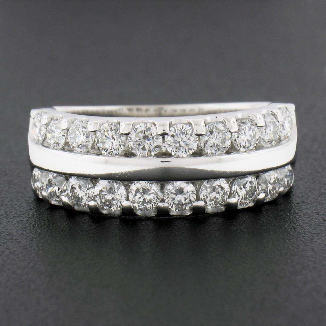 14k White Gold 1.20 ctw Dual Row Round Diamond w/ Polished Center Wide Band Ring