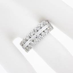 14k White Gold 1.20 ctw Dual Row Round Diamond w/ Polished Center Wide Band Ring