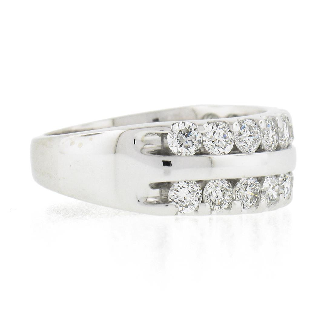 14k White Gold 1.20 ctw Dual Row Round Diamond w/ Polished Center Wide Band Ring