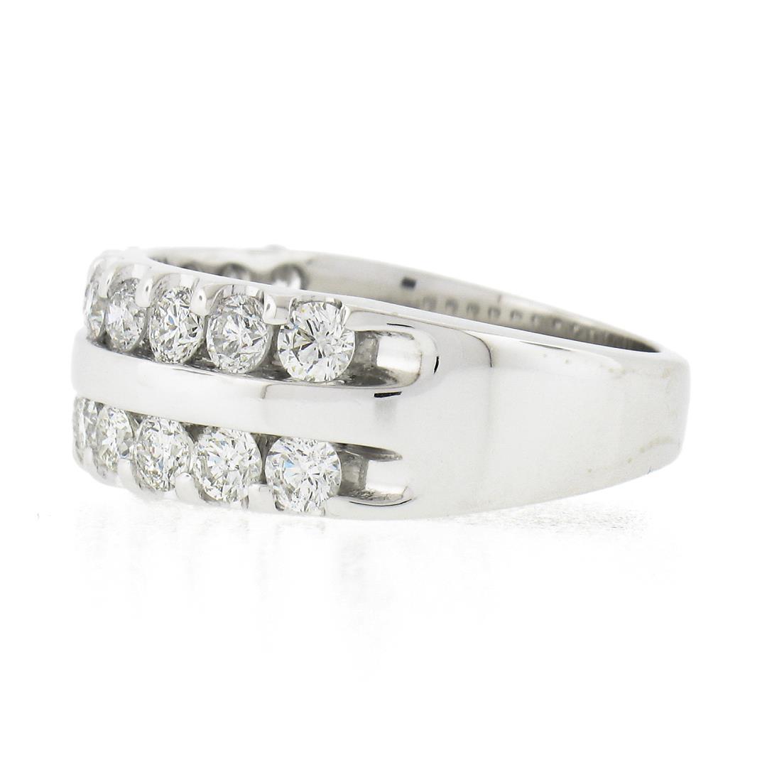 14k White Gold 1.20 ctw Dual Row Round Diamond w/ Polished Center Wide Band Ring
