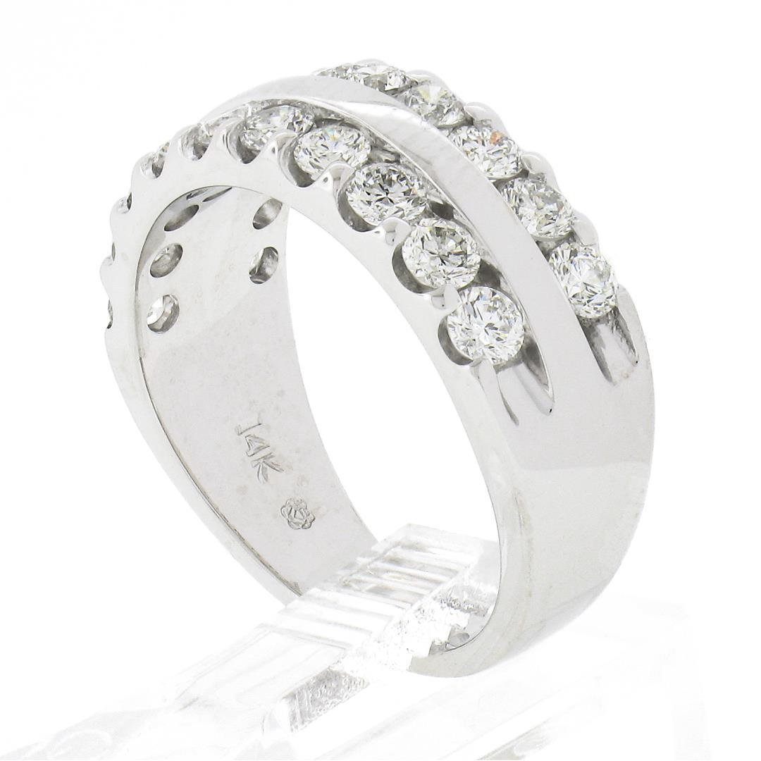 14k White Gold 1.20 ctw Dual Row Round Diamond w/ Polished Center Wide Band Ring