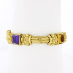 18K Gold & Bezel Set Multi Color Cabochon Gemstone Scroll Grooved Link Bracelet