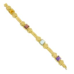 18K Gold & Bezel Set Multi Color Cabochon Gemstone Scroll Grooved Link Bracelet