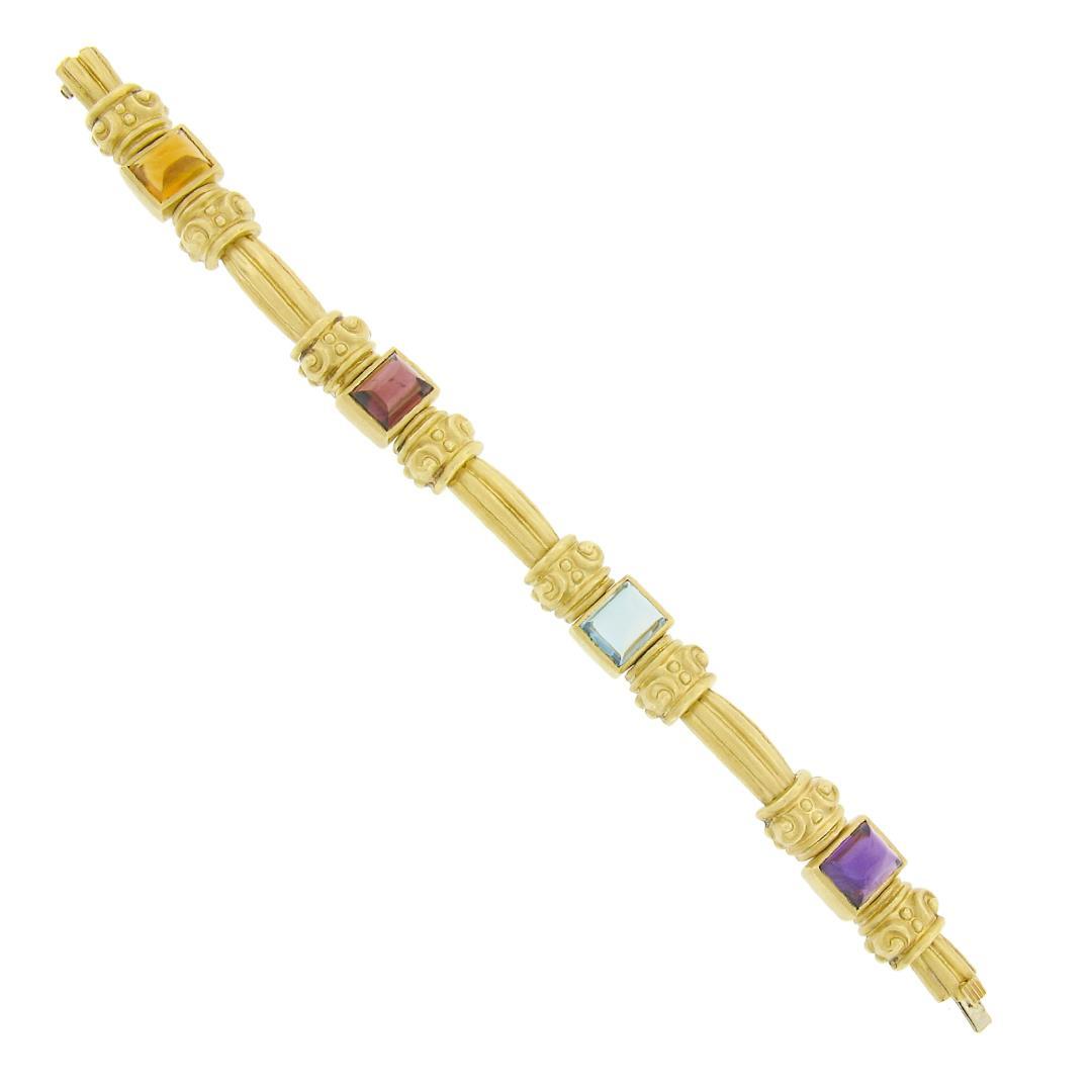 18K Gold & Bezel Set Multi Color Cabochon Gemstone Scroll Grooved Link Bracelet