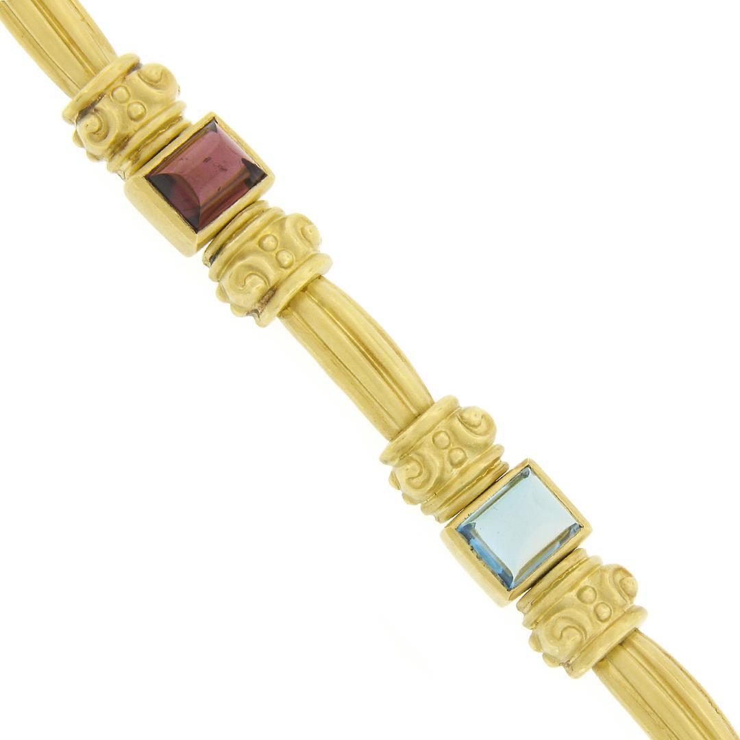 18K Gold & Bezel Set Multi Color Cabochon Gemstone Scroll Grooved Link Bracelet