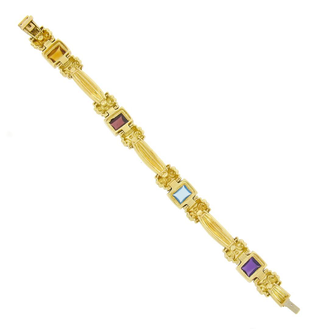 18K Gold & Bezel Set Multi Color Cabochon Gemstone Scroll Grooved Link Bracelet