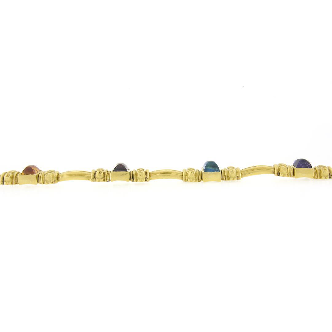 18K Gold & Bezel Set Multi Color Cabochon Gemstone Scroll Grooved Link Bracelet
