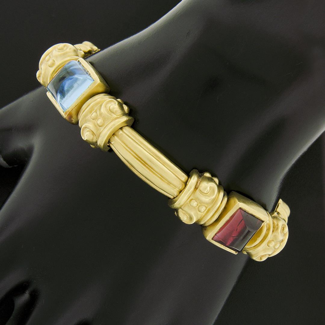 18K Gold & Bezel Set Multi Color Cabochon Gemstone Scroll Grooved Link Bracelet