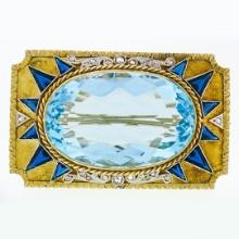 Antique Edwardian 18K Gold Large Oval Triangular Blue Stone & Diamond Brooch Pin