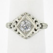 Antique 18k Gold 0.60 ctw Old Mine Cushion Diamond Floral Filigree Engagement Ri