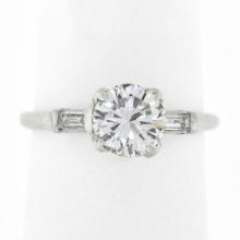 Vintage Platinum 1.14 ctw GIA Round Diamond w/ Baguette Accent Engagement Ring