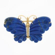 Vintage 14K Gold Custom Cut Carved Lapis Lazuli Butterfly Brooch Pin Pendant