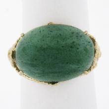 Vintage 14K Gold Oval Cabochon Cut Green Stone Twisted Wire Open Work Band Ring