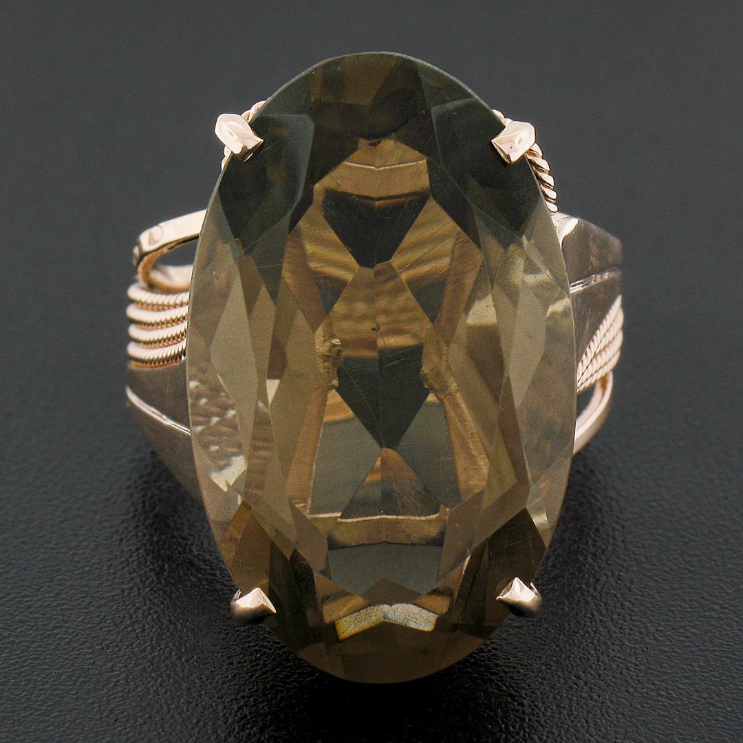 Handmade 14K Rose Gold Large Oval Smoky Quartz Solitaire Wire Work Cocktail Ring