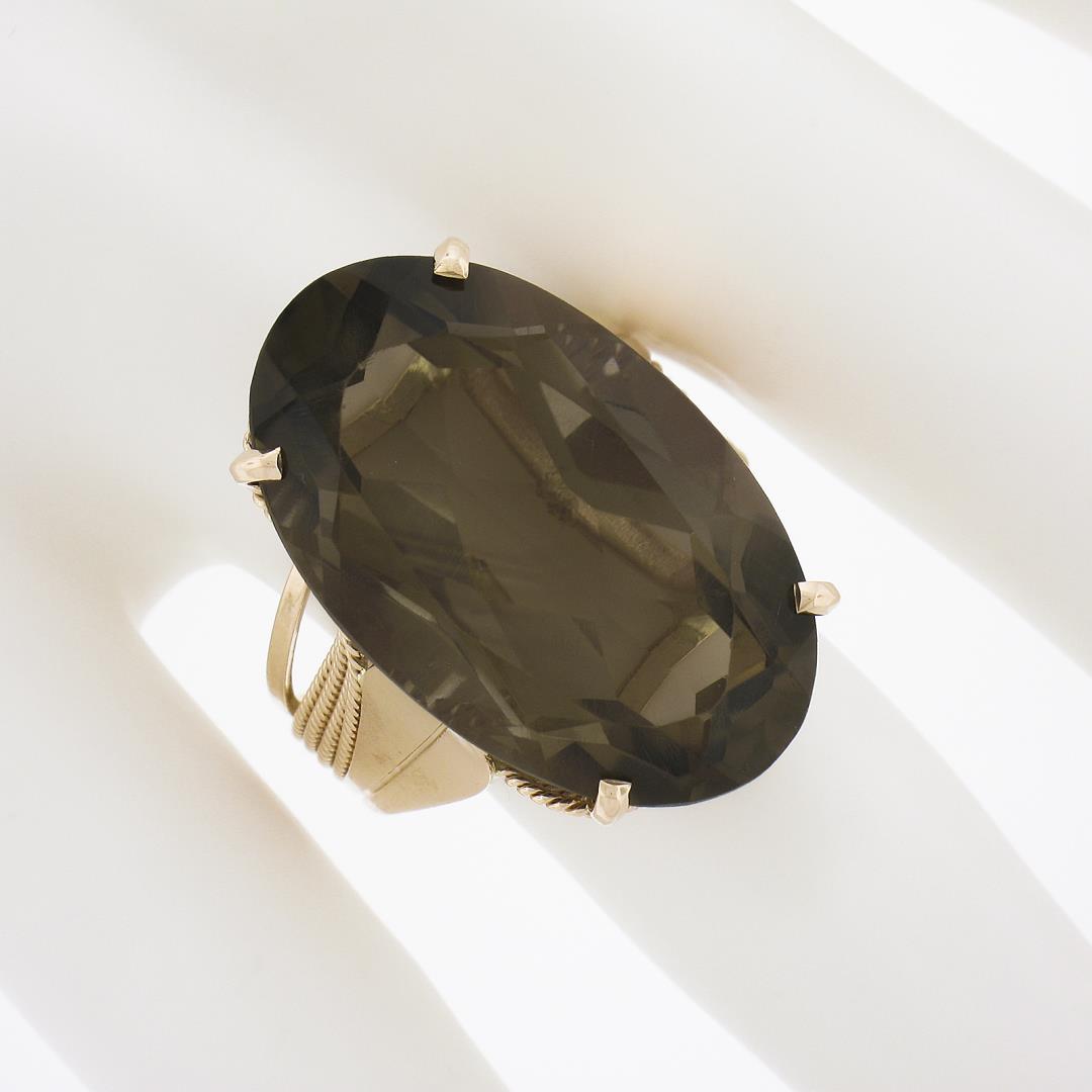 Handmade 14K Rose Gold Large Oval Smoky Quartz Solitaire Wire Work Cocktail Ring