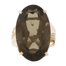 Handmade 14K Rose Gold Large Oval Smoky Quartz Solitaire Wire Work Cocktail Ring