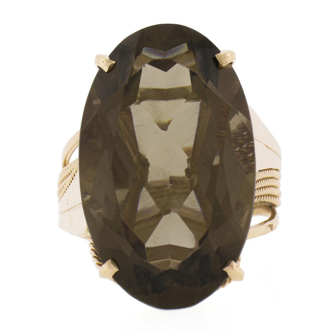 Handmade 14K Rose Gold Large Oval Smoky Quartz Solitaire Wire Work Cocktail Ring