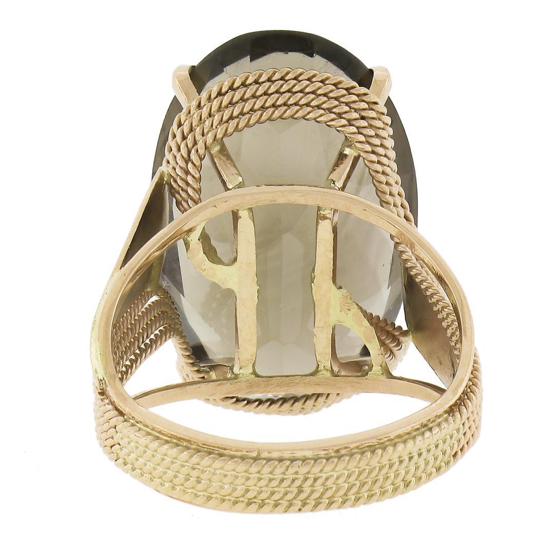 Handmade 14K Rose Gold Large Oval Smoky Quartz Solitaire Wire Work Cocktail Ring