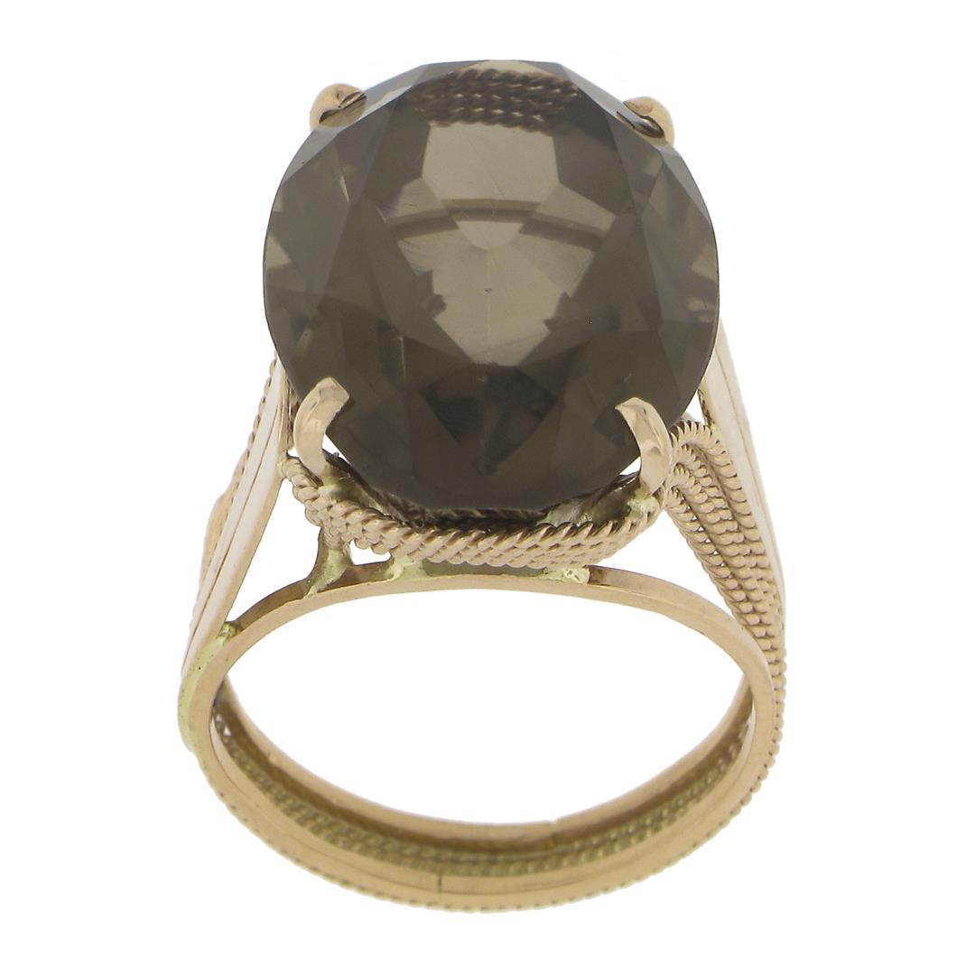 Handmade 14K Rose Gold Large Oval Smoky Quartz Solitaire Wire Work Cocktail Ring